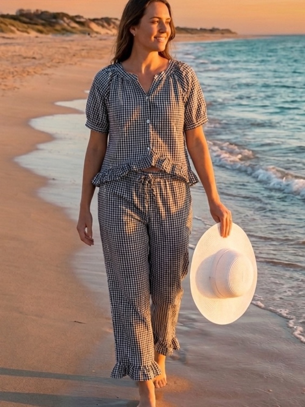 100% Cotton Gingham Cropped Drawstring Pants - Black & White